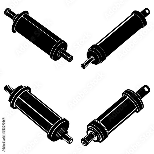 Isometric view of four black hydraulic cylinders with piston rods and end caps arranged symmetrically