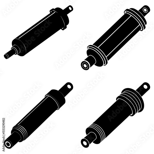 Isometric view of four black hydraulic cylinders with mounting hardware in a white background scene