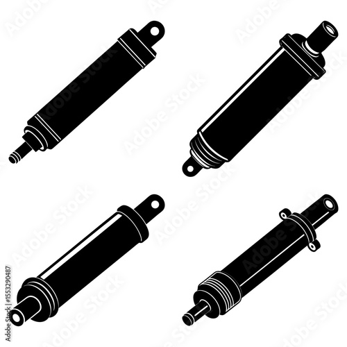 Illustration showing four hydraulic cylinders in black and white engineering schematic style drawing format