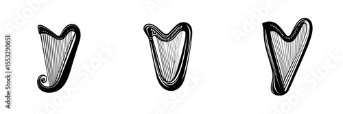 Unique set of black harp icons showcasing intricate line designs and elegant shapes suitable for various artistic projects