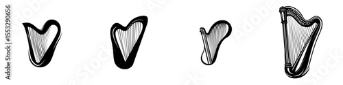 Black icon representing different designs of a harp showcased in a minimalist style