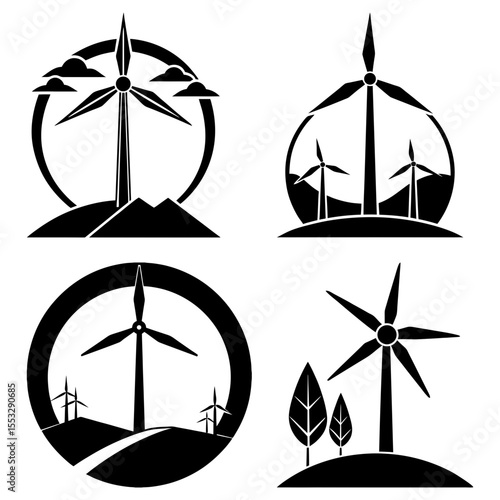 Collection of four windmill icons in black and white showing alternative energy and nature scenes clearly