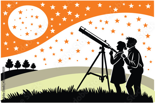 Silhouette of a couple gazing at the night sky through a telescope