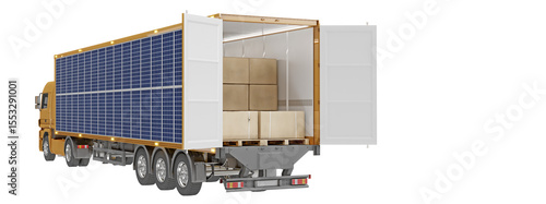 Back view of orange hybrid truck isolated on transparent background. Electric truck integrated with a solar batteries charging system. Truck eco concept. 3D illustration.