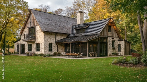 Rustic modern farmhouse nestled in autumnal trees
