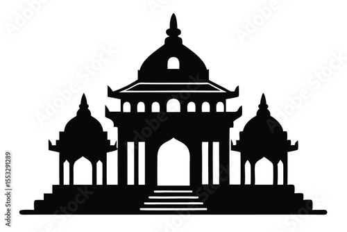 Ornate Asian Style Temple Silhouette with Domes, Archways, and Detailed Steps Design