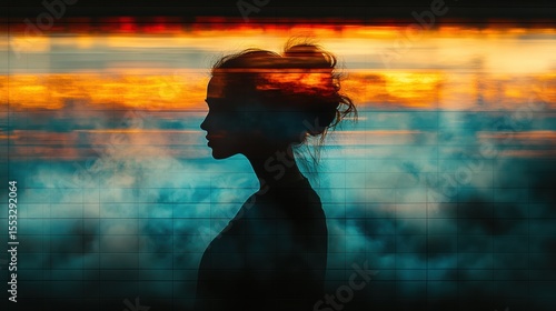 Silhouette of a contemplative woman against a serene and surreal background with hazy atmospheric texture