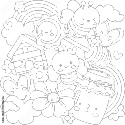 A fun and whimsical black and white doodle artwork showing a group of cute cartoon characters, including a smiling star, a frog, a flower, and other imaginative creatures, 