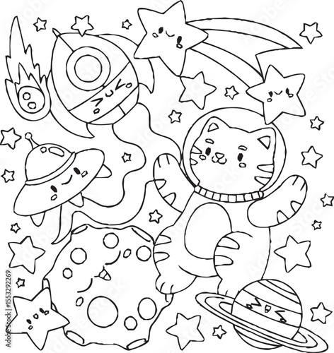 A fun and whimsical black and white doodle artwork showing a group of cute cartoon characters, including a smiling star, a frog, a flower, and other imaginative creatures,