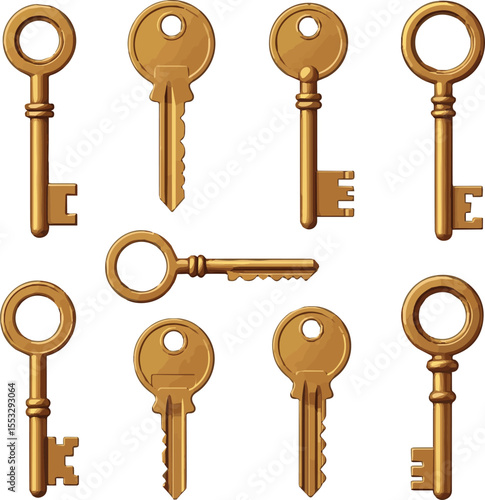 Create a kinds of deferent golden vintage key with a circular handle and detailed notches, rendered in a 3D cartoon realistic style. Ideal for game icons, UI, UX, KIT, and GUI. 3D key, Vector art .
