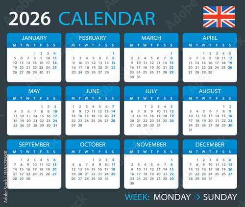 2026 Calendar United Kingdom - vector template graphic illustration - English version