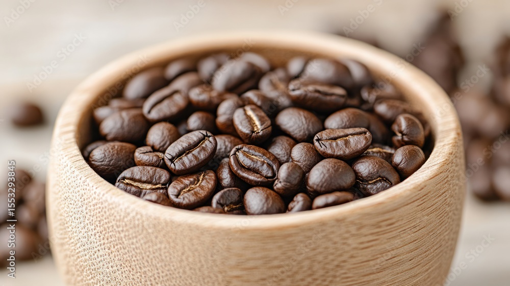 Fototapeta premium A close-up view of freshly roasted coffee beans in a wooden bowl, highlighting their rich texture and deep brown color.
