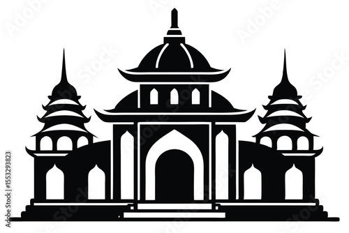 Black Silhouette of an Asian Style Temple with Pagodas and Arched Entrances