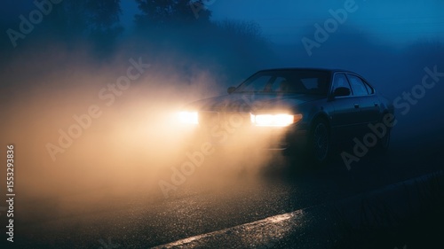 Car driving through foggy night with headlights on