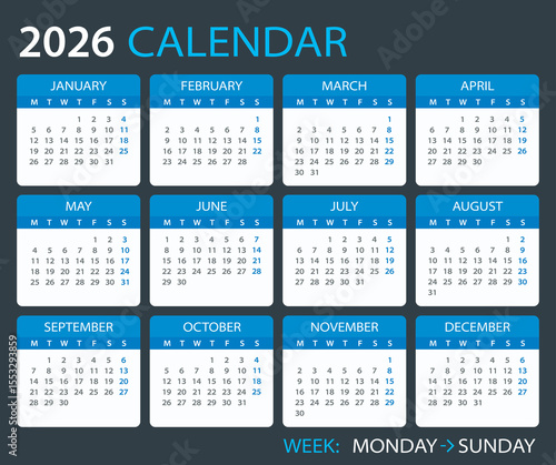 2026 Calendar - vector template graphic illustration - Sunday to Monday