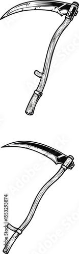 Create a kinds of deferent Black and white illustration of a traditional scythe with a wooden handle and curved blade. vector art with white background .