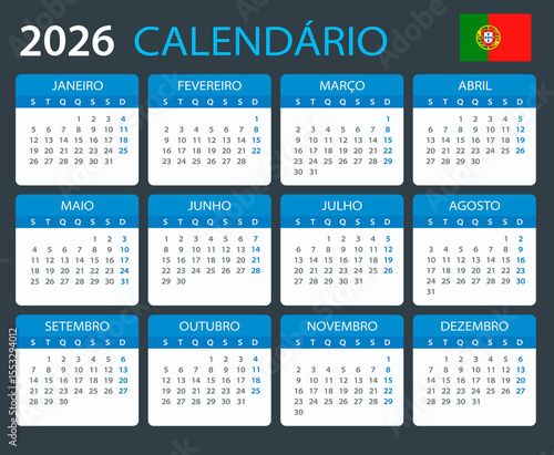 2026 Calendar Portugal - vector template graphic illustration - Portuguese version