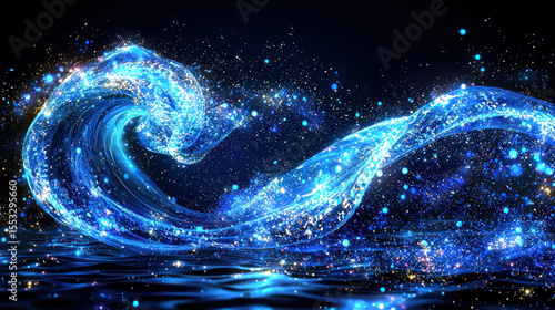 A stylized, glowing blue wave crests, with sparkling particles and reflections creating a dynamic, ethereal scene.
