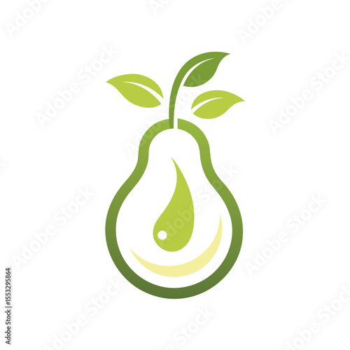 Stylized avocado with leaves and a drop of oil on white background