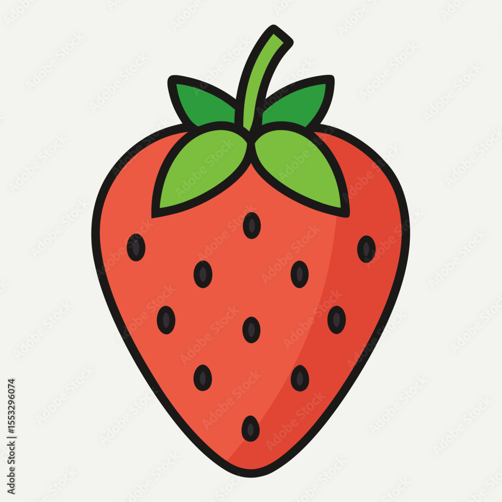 Obraz premium Stylized red strawberry with green leaves and black seeds isolated on white background