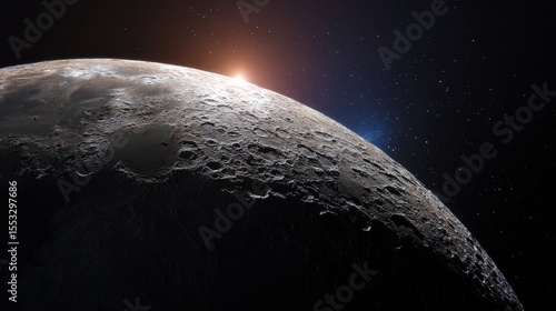 Detailed Surface of an Exoplanet with Sunrise and Starry Sky in Outer Space