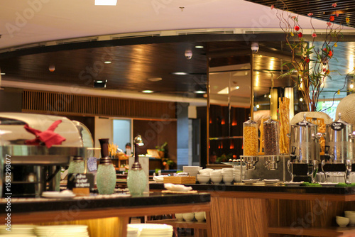 Photo illustration of hotel buffet restaurant. luxury restaurant.