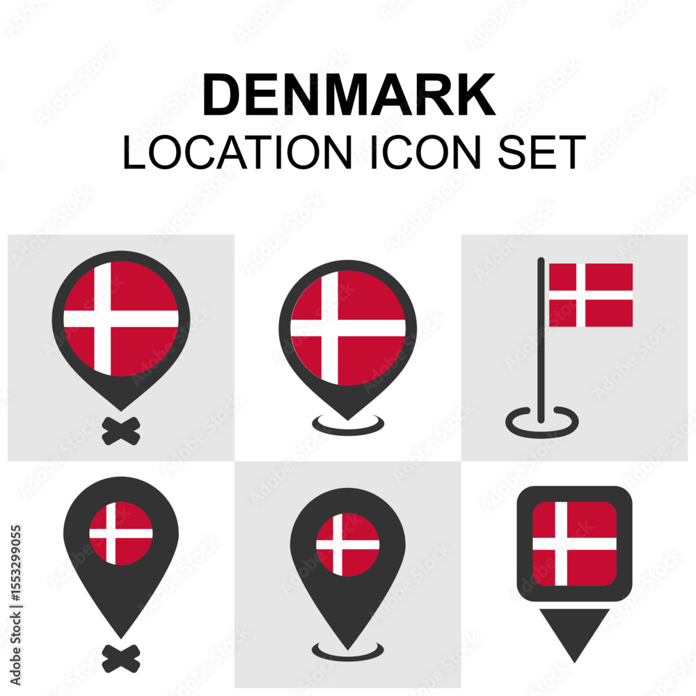 Fototapeta premium Set of Denmark-themed location icons including pins and flags perfect for travel apps, maps, and Nordic-related content.