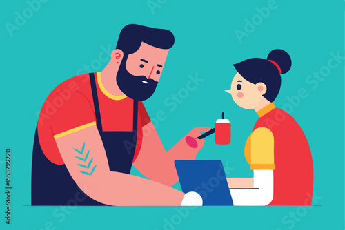 Bearded man helping woman with tablet and small bottle