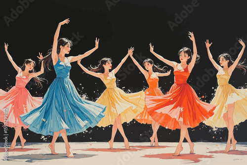 ontemporary art dancers dancing on a stage, they are dancing expressively, illustration