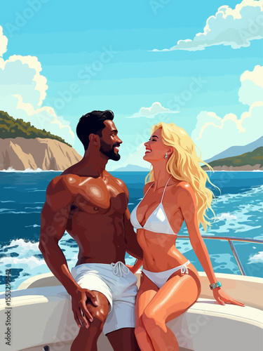 young couple american black muscular man and a blond bombshell laughing on deck cruising along the French Riviera
