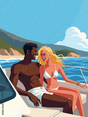 young couple american black muscular man and a blond bombshell laughing on deck cruising along the French Riviera