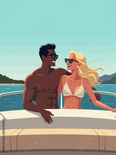 young couple american black muscular man and a blond bombshell laughing on deck cruising along the French Riviera