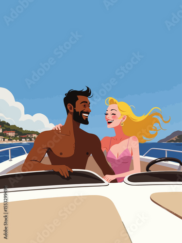 young couple american black muscular man and a blond bombshell laughing on deck cruising along the French Riviera
