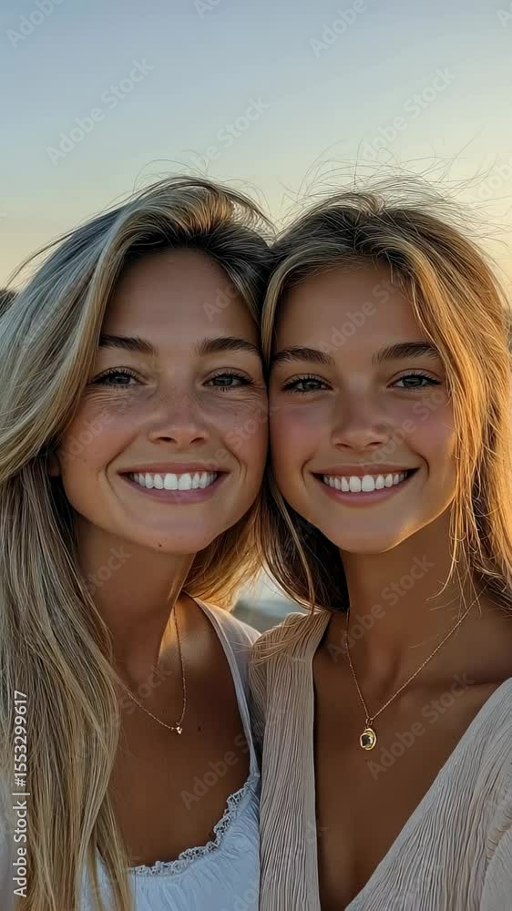 Smiling young women taking a close up selfie outdoors during golden hour with gentle sunlight and a serene background Smiling young women taking a close up selfie outdoors during golden hour with gentle sunlight and a serene background