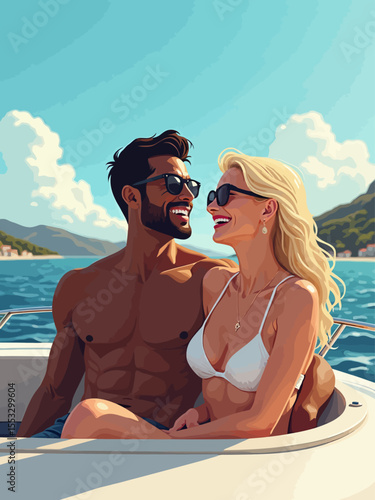 young couple american black muscular man and a blond bombshell laughing on deck cruising along the French Riviera
