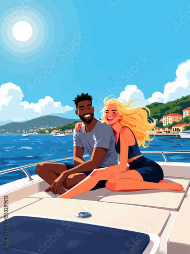 young couple american black muscular man and a blond bombshell laughing on deck cruising along the French Riviera