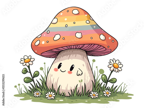 Retro cartoon mushroom house with pastel rainbow roof, surrounded by smiling daisies