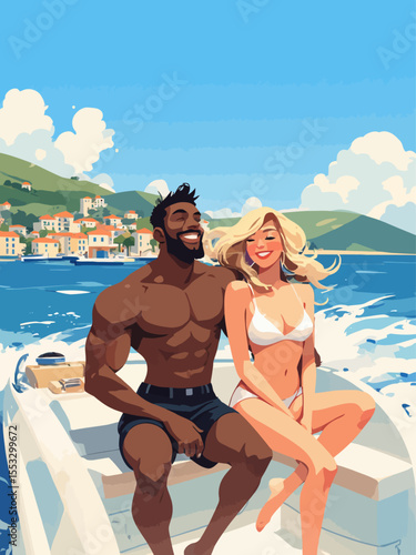 young couple american black muscular man and a blond bombshell laughing on deck cruising along the French Riviera