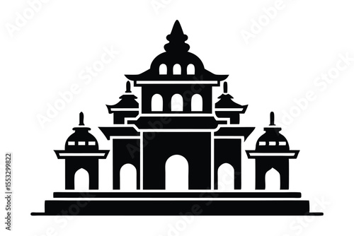 Detailed black silhouette illustration of a traditional Asian temple with tiered roofs and arches