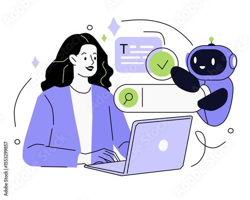 woman with laptop Search concept. Character using artificial intelligence generative tools for searching or browsing internet. Woman integrating with robot. SEO concept. Vector illustration