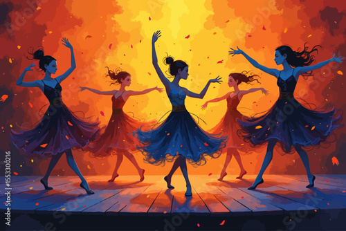 ontemporary art dancers dancing on a stage, they are dancing expressively, illustration
