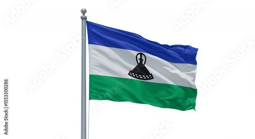 Lesotho's National Flag Waves Proudly Against a Crisp White Sky