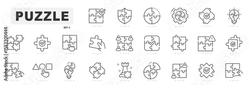 Puzzle related line icons. Jigsaw, idea, solution etc. Editable stroke