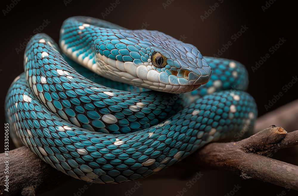 Fototapeta premium A photo of an elegant blue snake coiled on a branch, snake, reptile.
