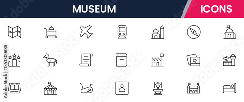 Vector illustration web line icon collection for museum: artifacts, exhibits, culture, and history symbols in a refined, modern, and elegant design style.