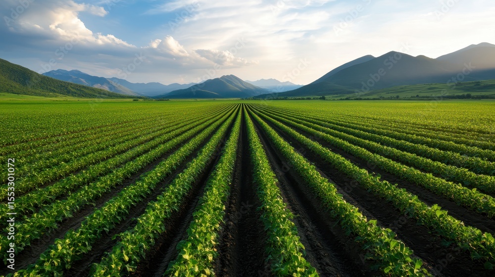 A breathtaking view of neatly arranged green crops stretches toward distant mountains, showcasing the beauty of nature and the importance of agriculture in sustaining life. A breathtaking view of neatly arranged green crops stretches toward distant mountains, showcasing the beauty of nature and the importance of agriculture in sustaining life.
