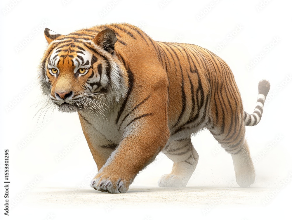Obraz premium Captivating image of tiger walking gracefully on pristine white surface majestic