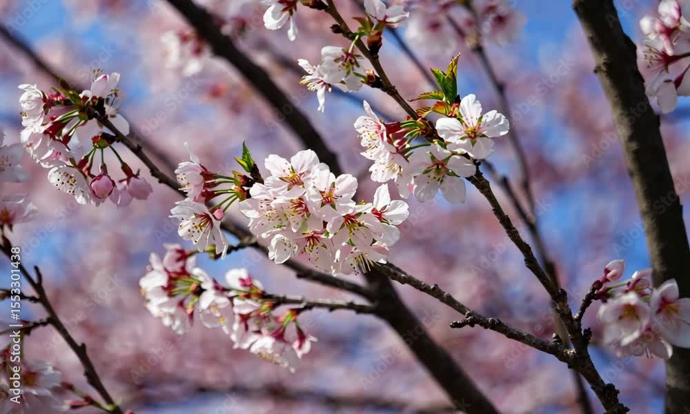 Pink and White Cherry Blossoms on Branches Against a Blue Sky Pink and White Cherry Blossoms on Branches Against a Blue Sky