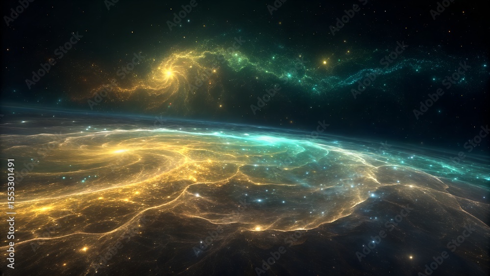 Fototapeta premium Stunning cosmic view of a vibrant nebula and a gas giant planet's atmosphere in deep space