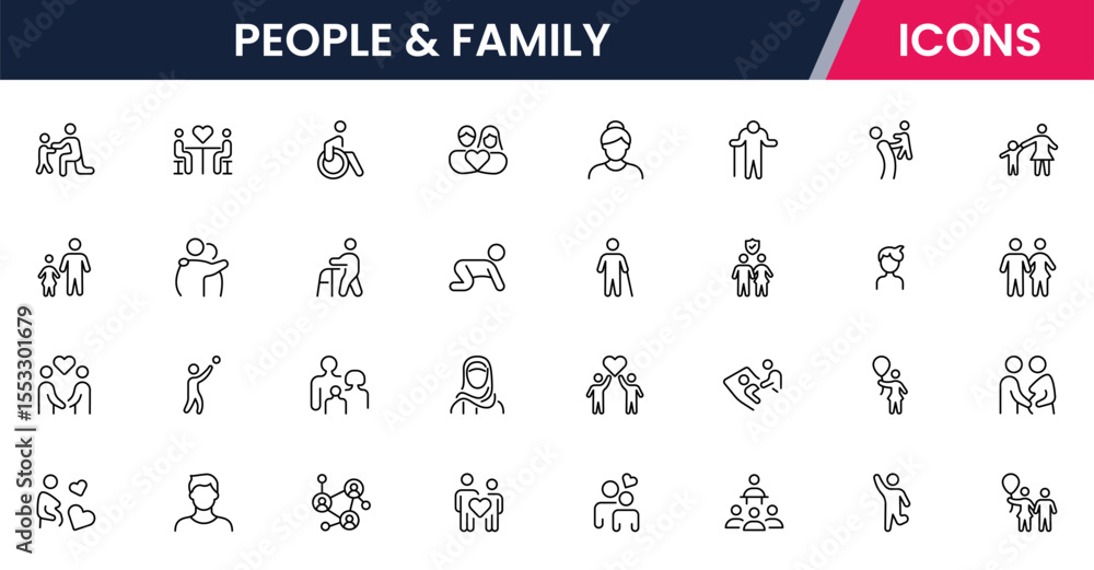 Naklejka premium Vector line icons of parents, children, home, love, activities, family time, relationships, bonding, and care ideal for apps and websites.